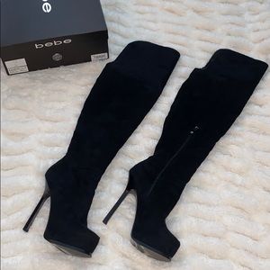 Like New 8 Bebe Black Suede & Fur Thigh High Boots